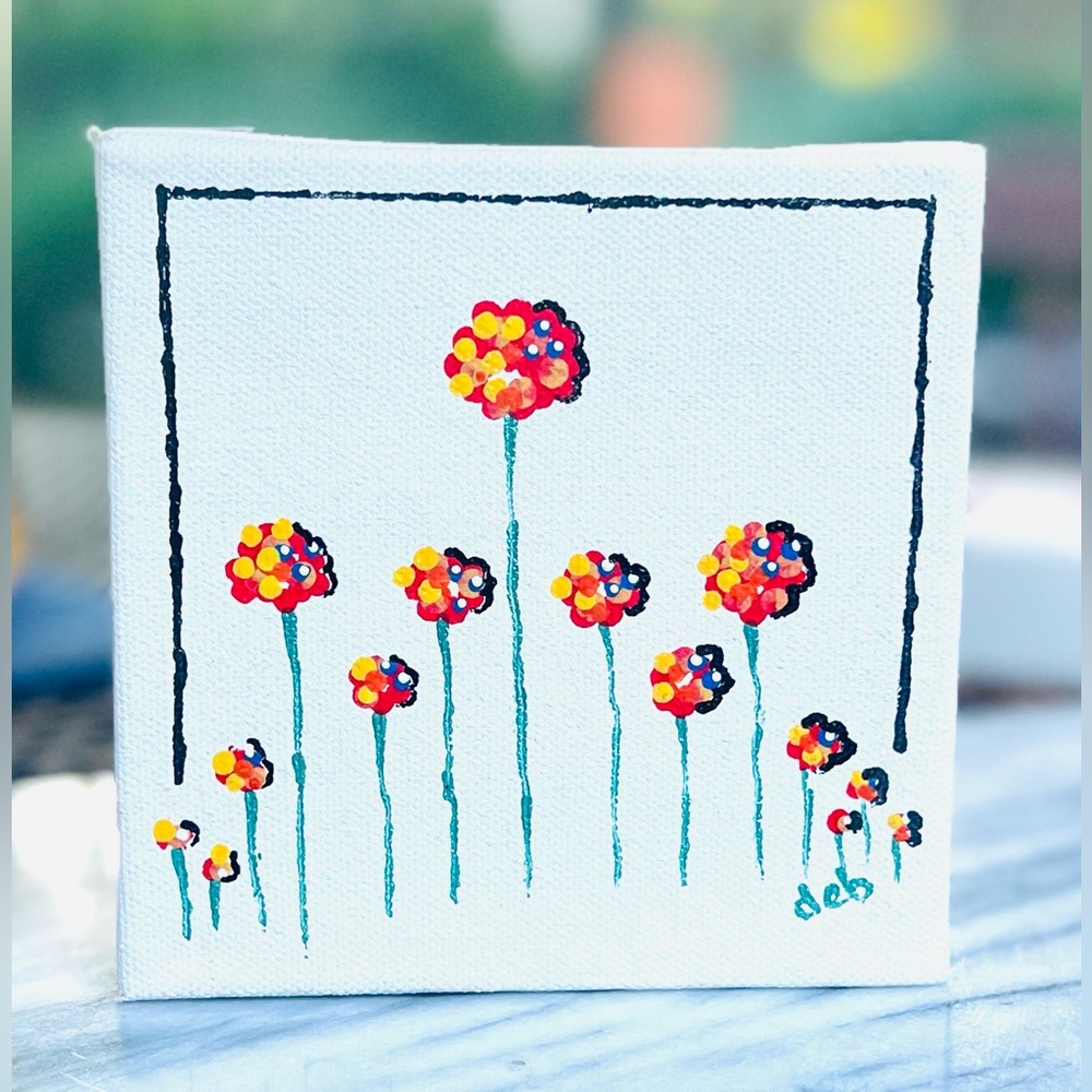 Artisan Hand-Painted Floral Canvas Art, Bold & Vibrant, 5“ x 5“ – One-of-a-Kind!